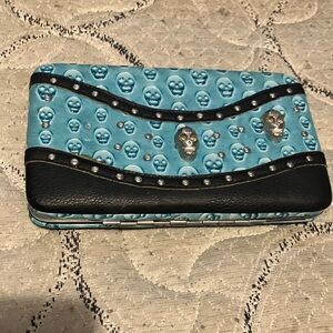 Aqua Skull Embossed Wallet with Stud & Black Trim